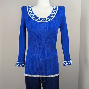 Belldini Blue Ribbed Stretch Top – XL – White Bead Trim – Retro Glam Pullover